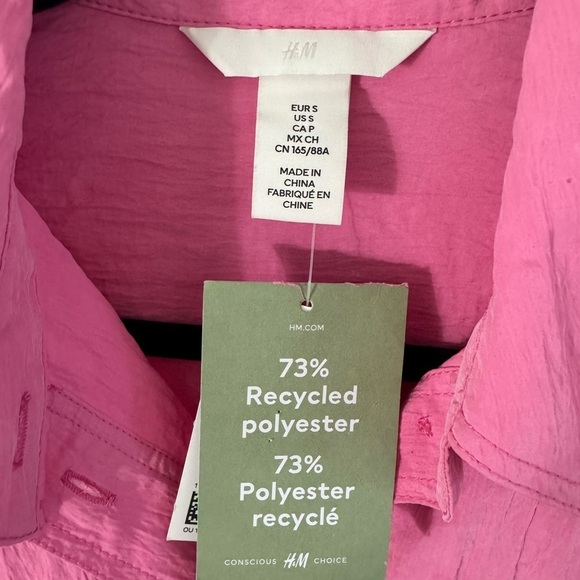 H&M Hot Pink Crinkled Chiffon Long Sleeve Button Down Shirt Size Small NWT - Picture 4 of 7